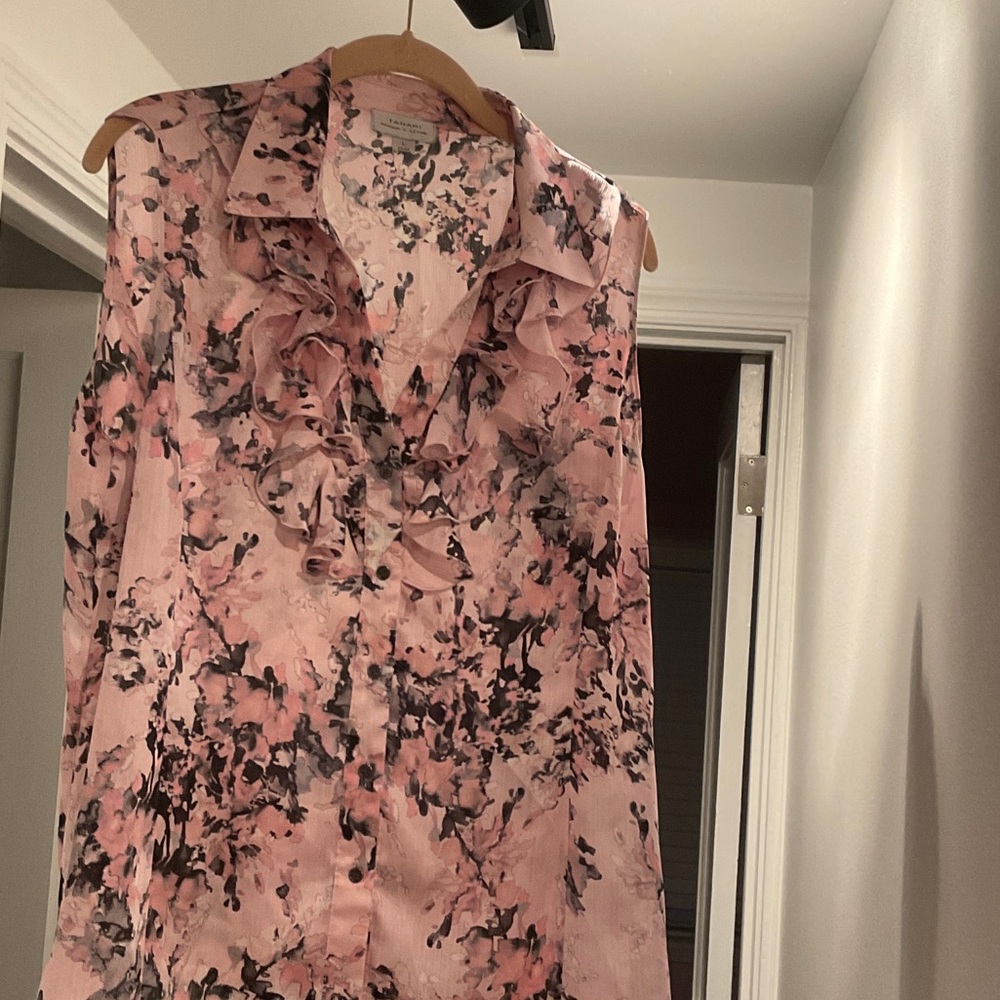 Tahari ASL Pink Floral Ruffle Blouse